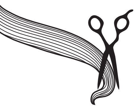 Black and white illustration of scissors cutting a flowing lock of hair.